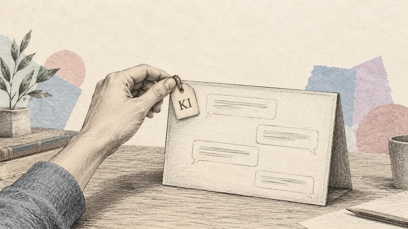 A drawn hand attaches a tag reading KI, German for AI, to a freestanding paper chat window.