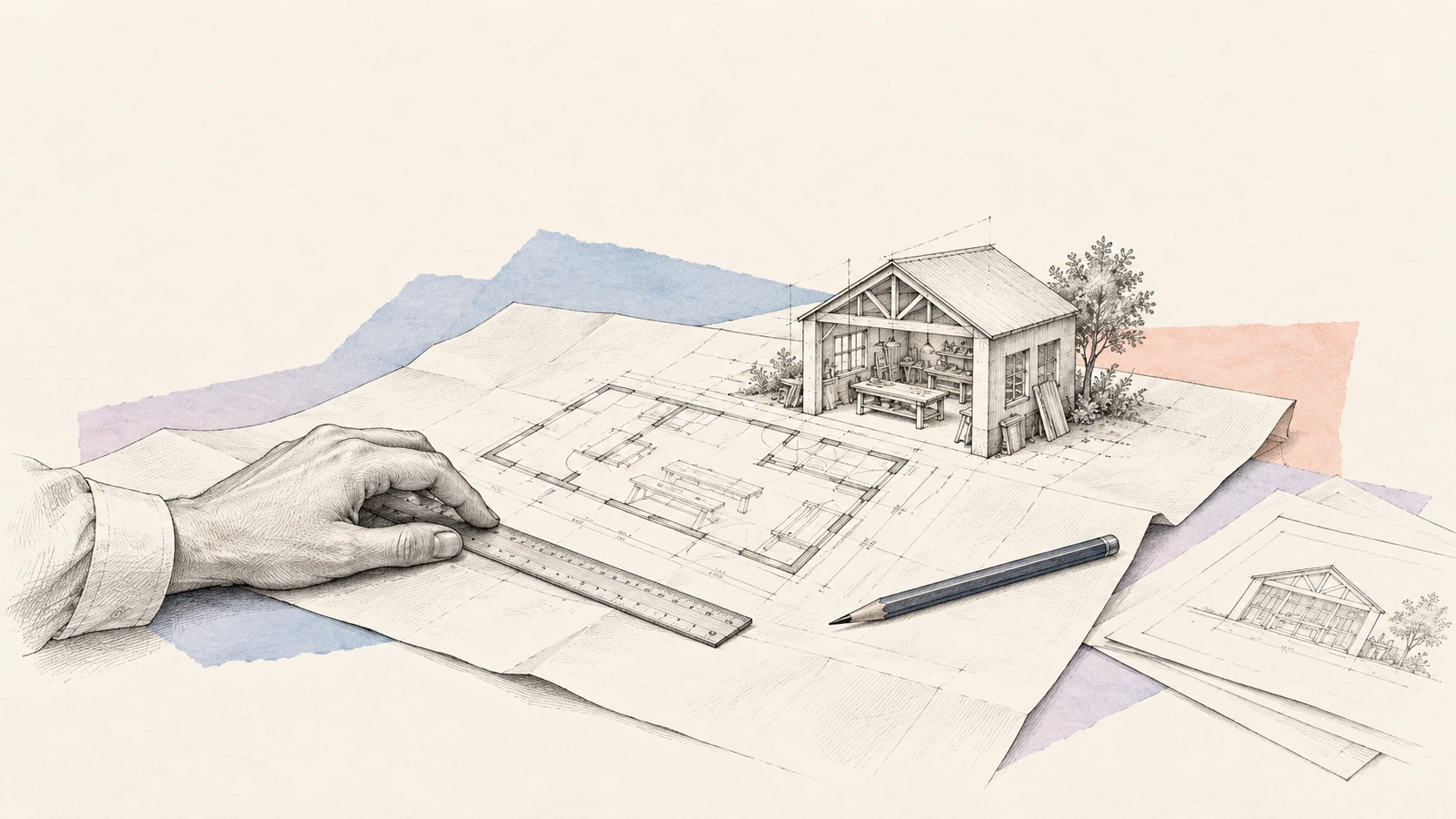 A drawn hand uses a ruler to plan a project on paper; a small workshop model rises from it against pale colour panels.