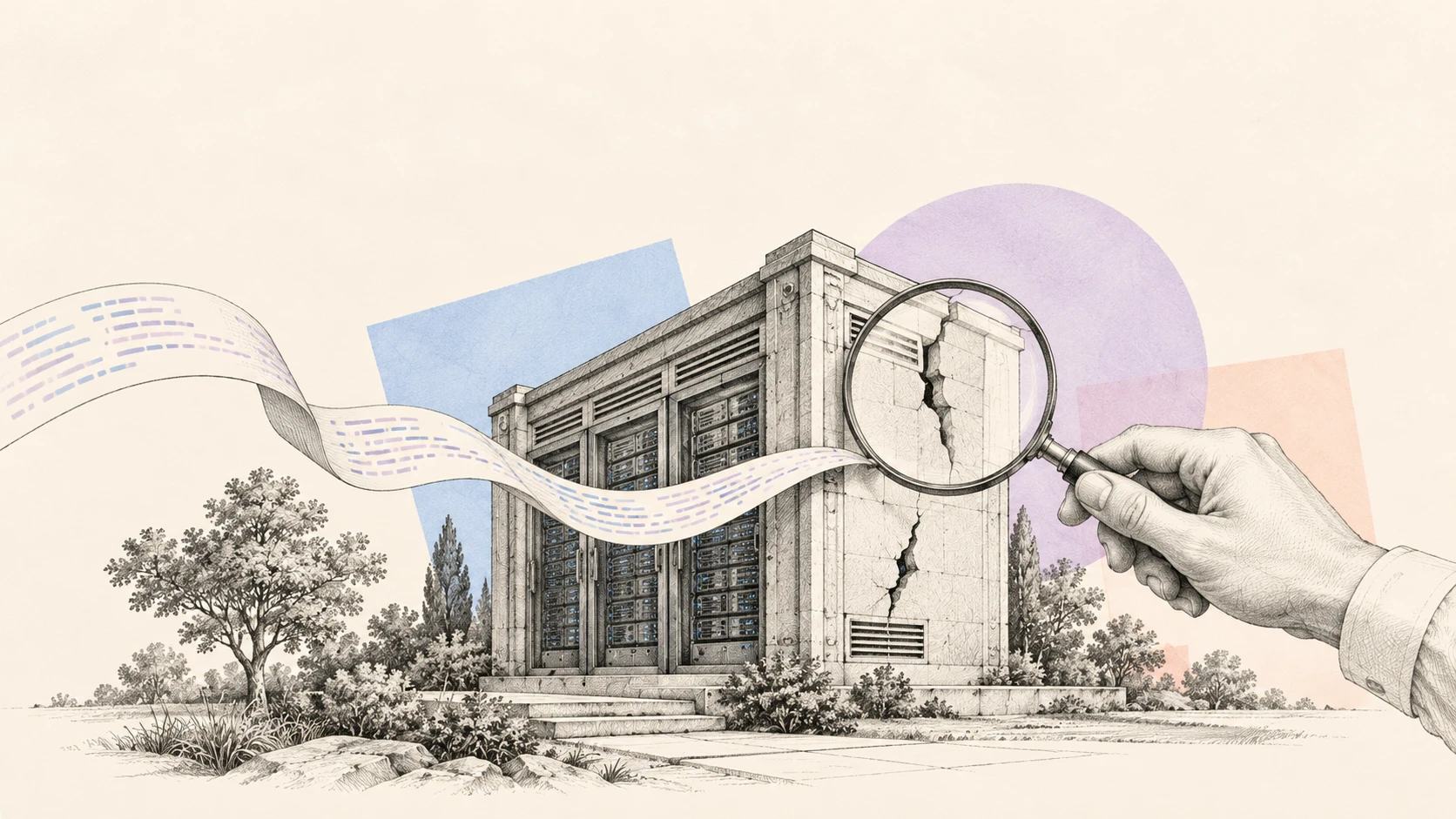 A drawn hand holds a magnifying glass to a crack in a stone server house while a ribbon of code lines runs through the picture.