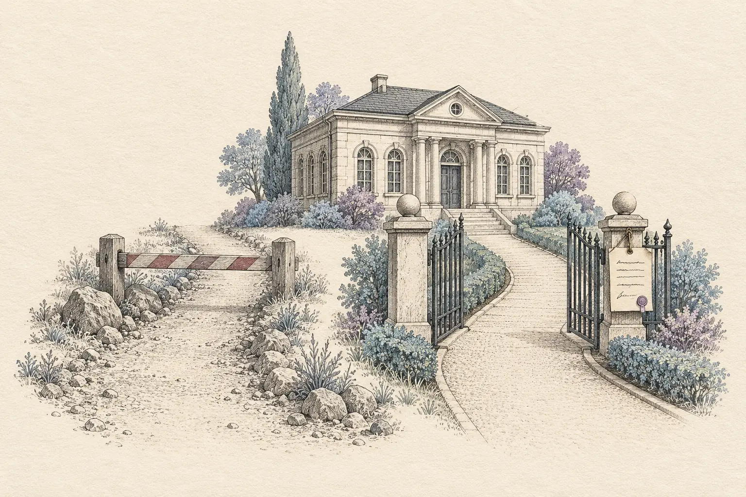 Two paths to one building: a closed barrier on the left and an open gate with a signed contract on the right.